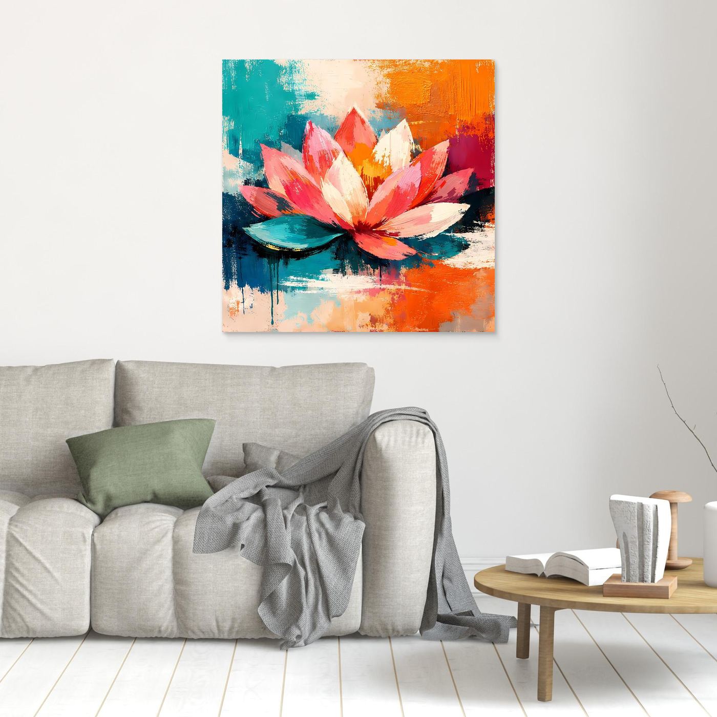 Small framed abstract lotus wall art with pink petals on teal and orange paint