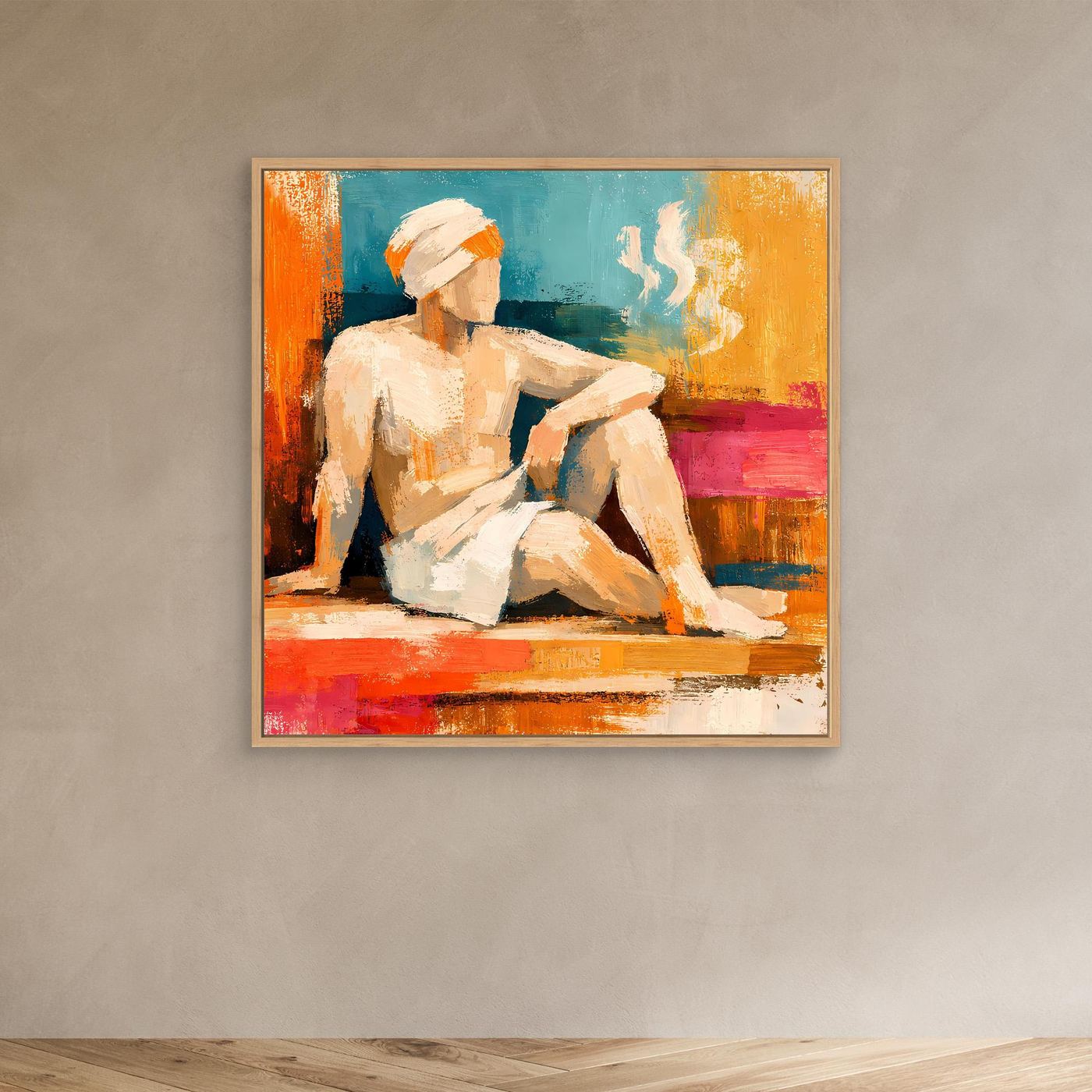 Abstract canvas wall art with light wood frame, seated woman and orange-blue paint strokes