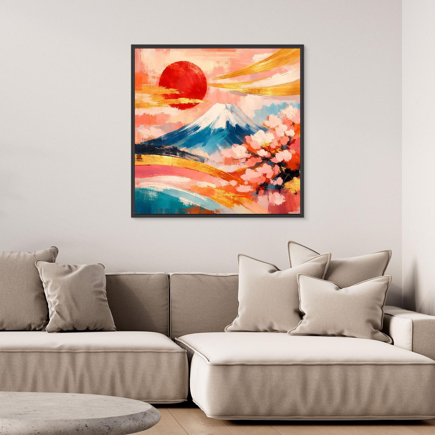 Leinwandbild im schwarzen Rahmen mit Fuji-Berg, roter Sonne und Kirschblütenzweigen