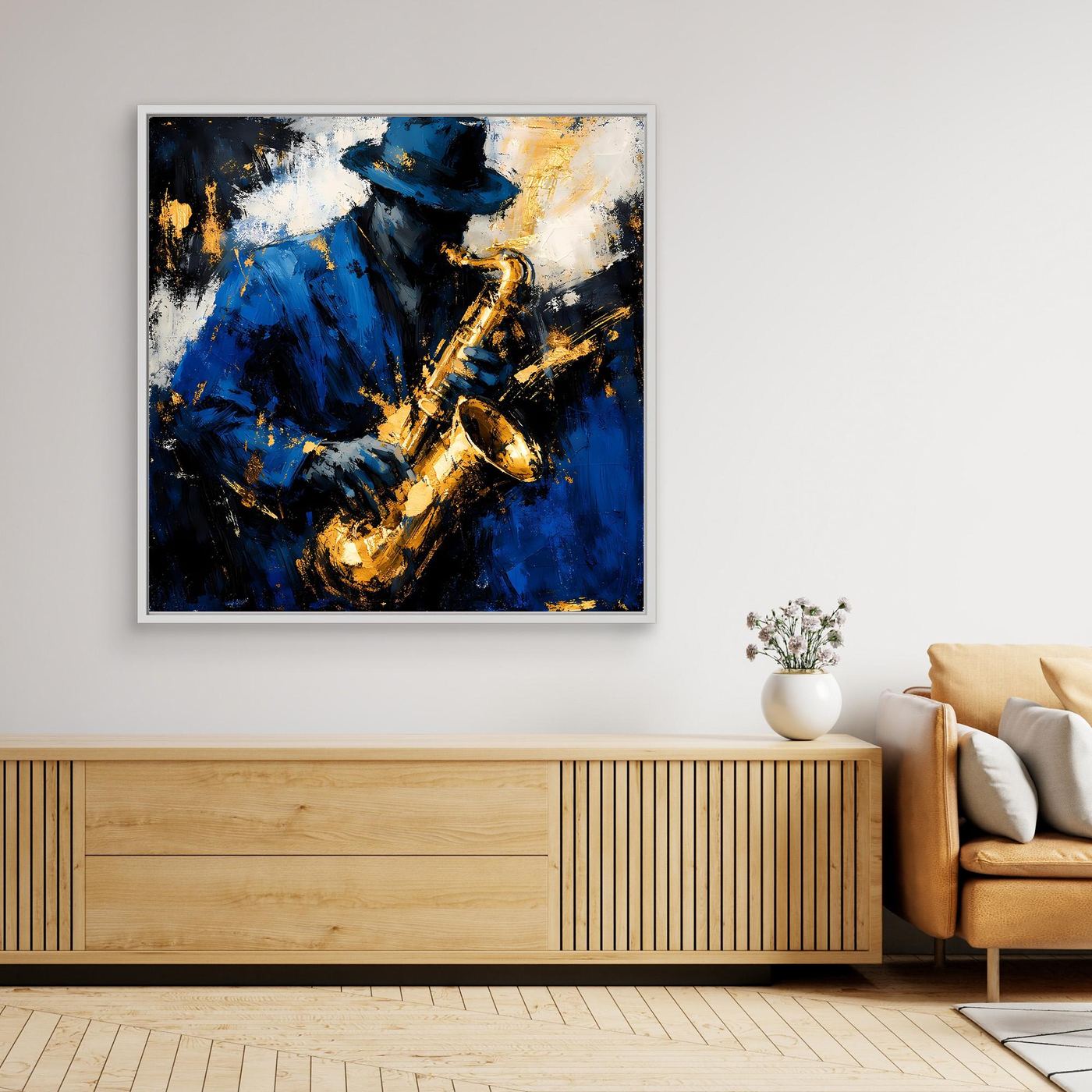 Leinwand Eleganter Jazz-Saxophonist in Blau und Gold | Abstraktes Musik Wandbild
