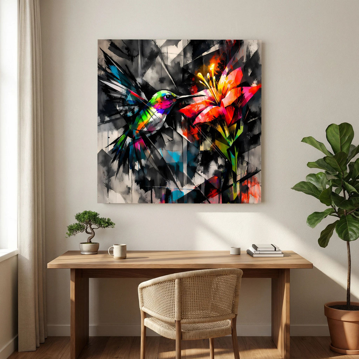 Abstraktes Leinwandbild mit Kolibri-Motiv auf Keilrahmen, farbintensiv, strahlende Farbflecken