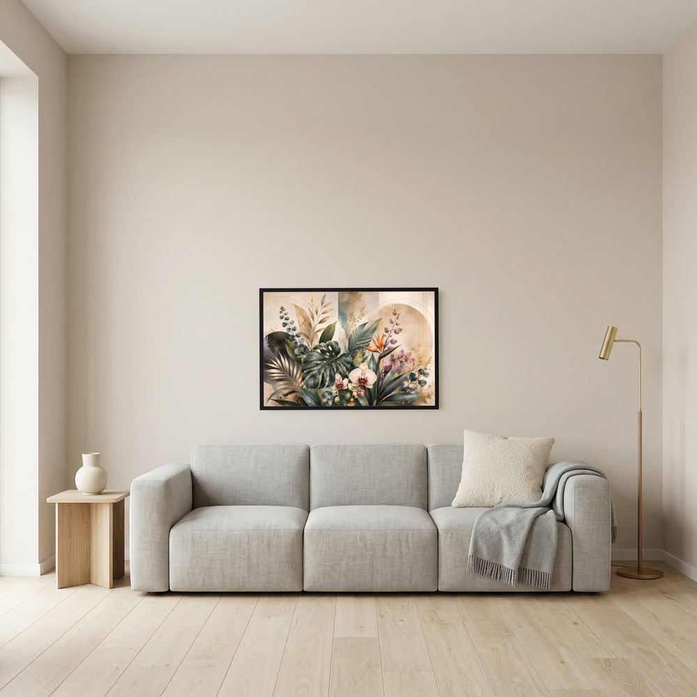 Gerahmtes Poster im Querformat mit tropischen Blättern und Orchideenblüten in schwarzer Einfassung