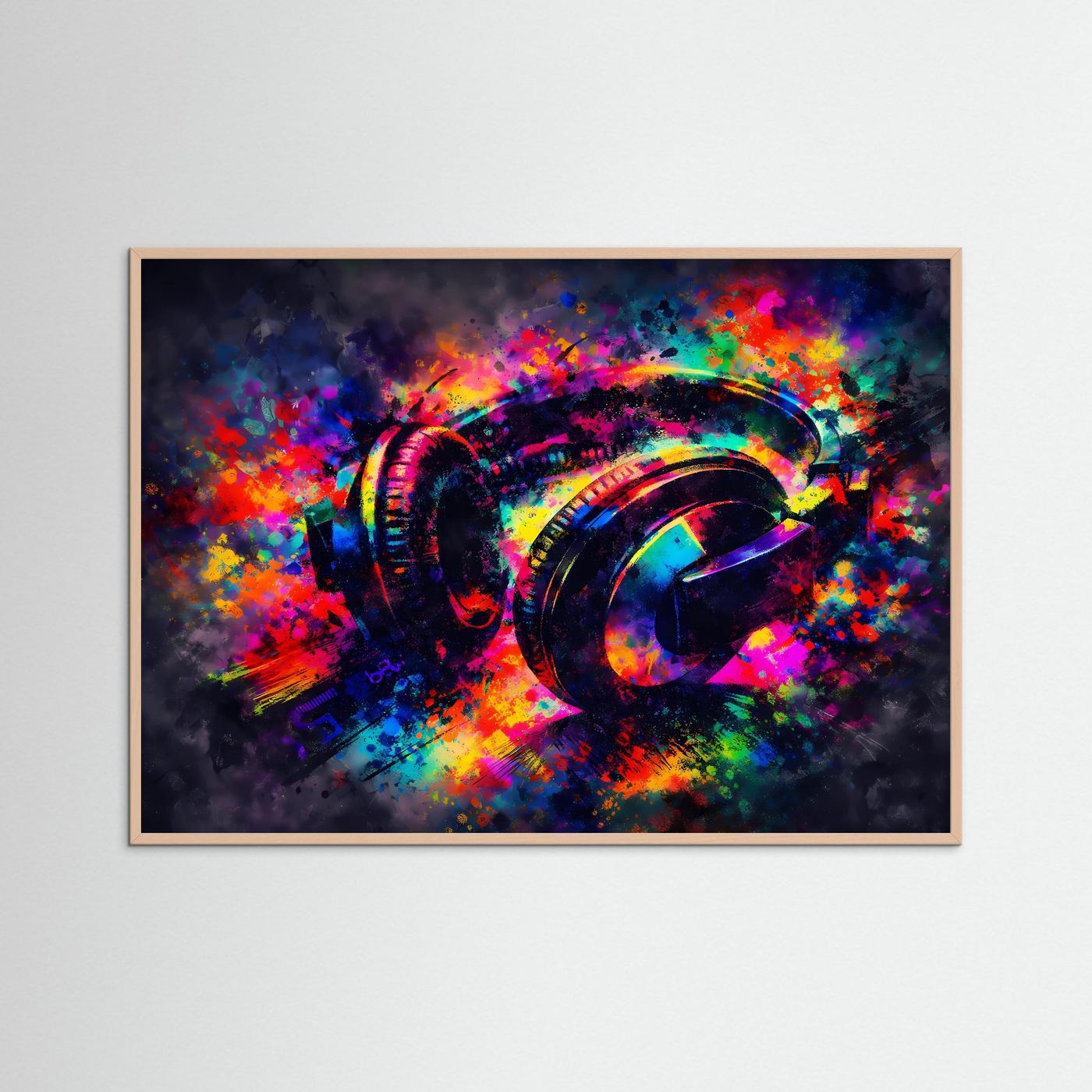 Gerahmtes Musikposter mit Kopfhörern im Pop-Art Splash Design, rötlich-brauner Rahmen, Querformat