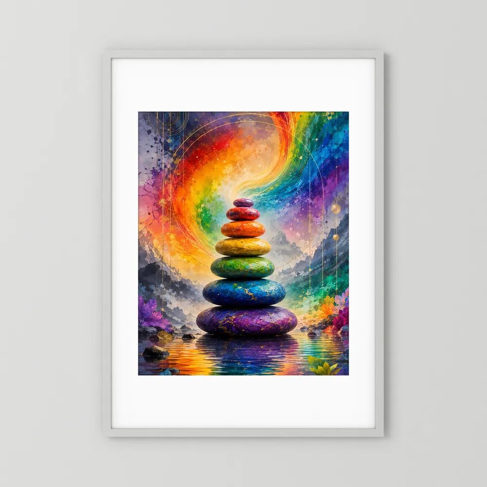 Hochformat-Poster im weißen Rahmen mit Stapel bunter Zen-Steine im Regenbogen-Licht