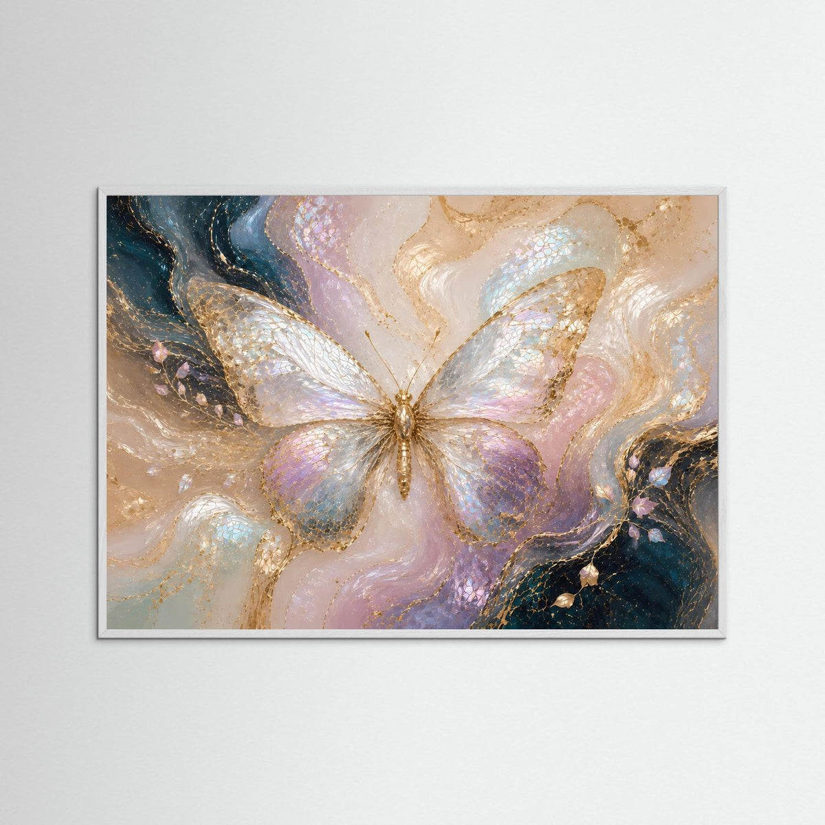 Wandkunst-Poster mit abstraktem Schmetterling in Pastellfarben und Goldakzenten, grauer Rahmen