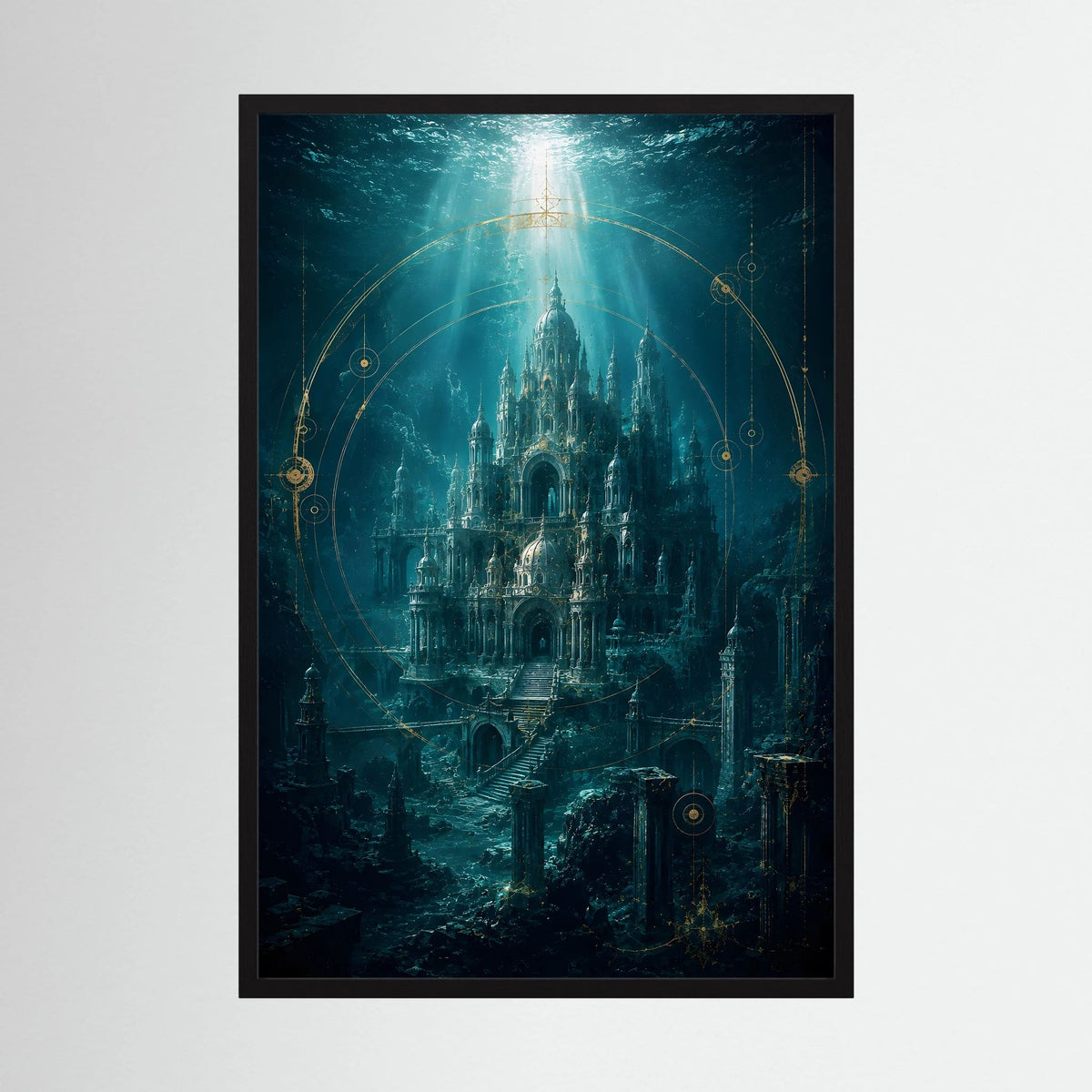 Kunstposter mit schwarzem Rahmen, Unterwasserstadt in Türkis und Gold, Hochformat