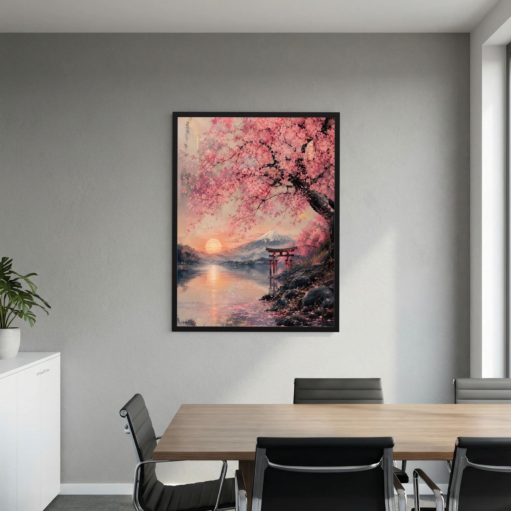Schwarz gerahmter Hochformat-Print mit Sakura-Krone, Wasserreflexion und Torii