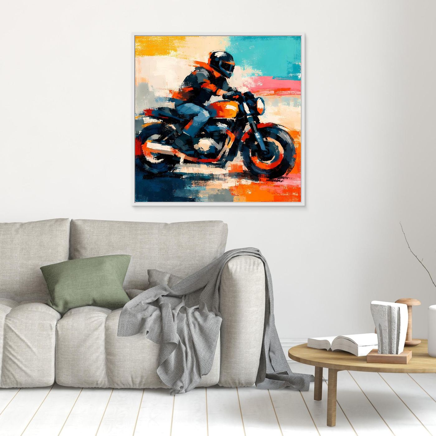Small framed abstract motorcycle canvas print with orange road tones and dark blue paint