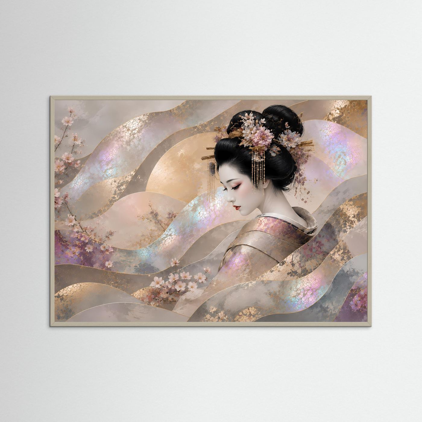 Japanische Wandkunst mit hellem Holzrahmen: Geisha mit Kirschblüten, perlmuttartiger Schimmeroptik