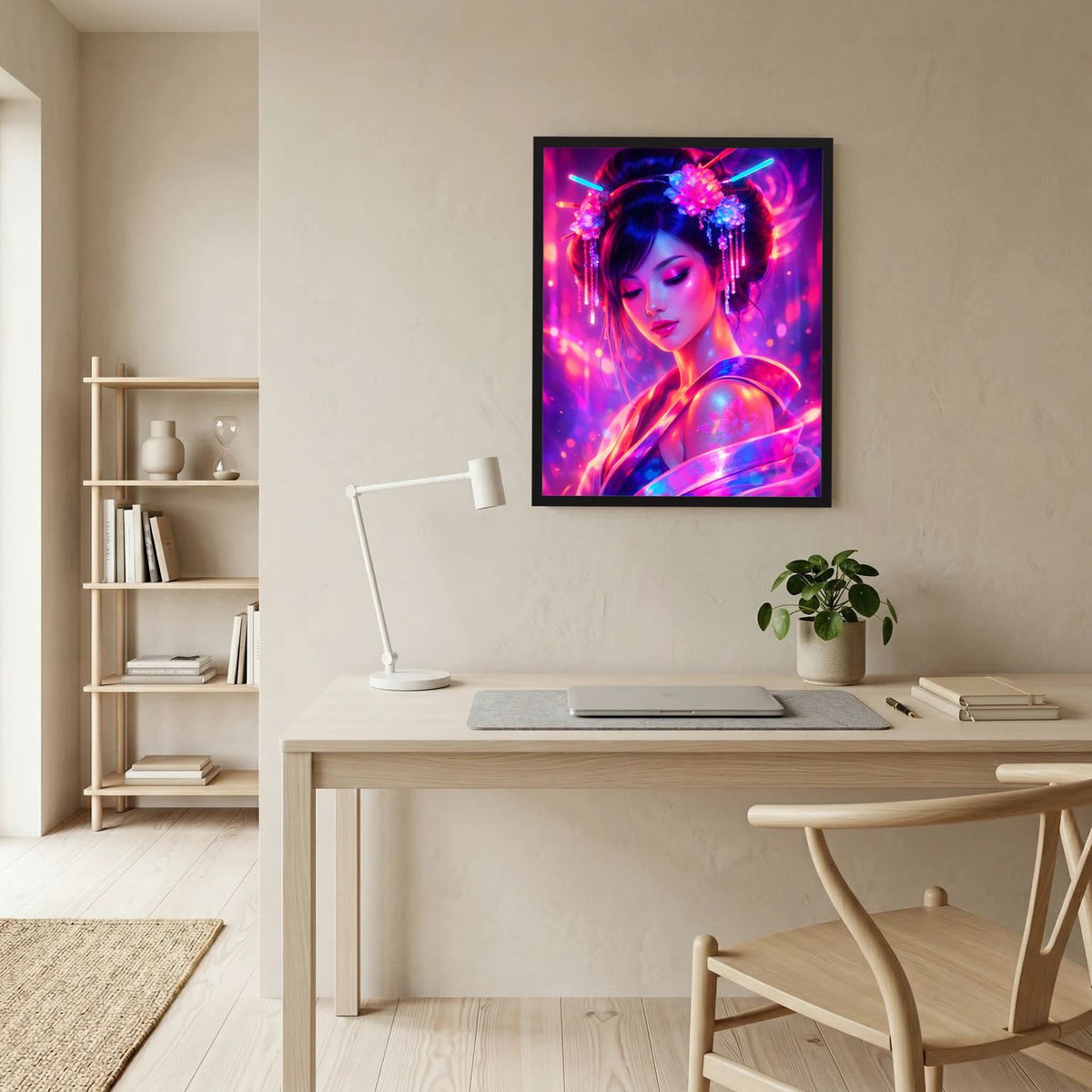 Gerahmtes Neon-Wandbild mit geishaähnlicher Frau, Blumen-Haarreif, pink-blauer Lichtoptik