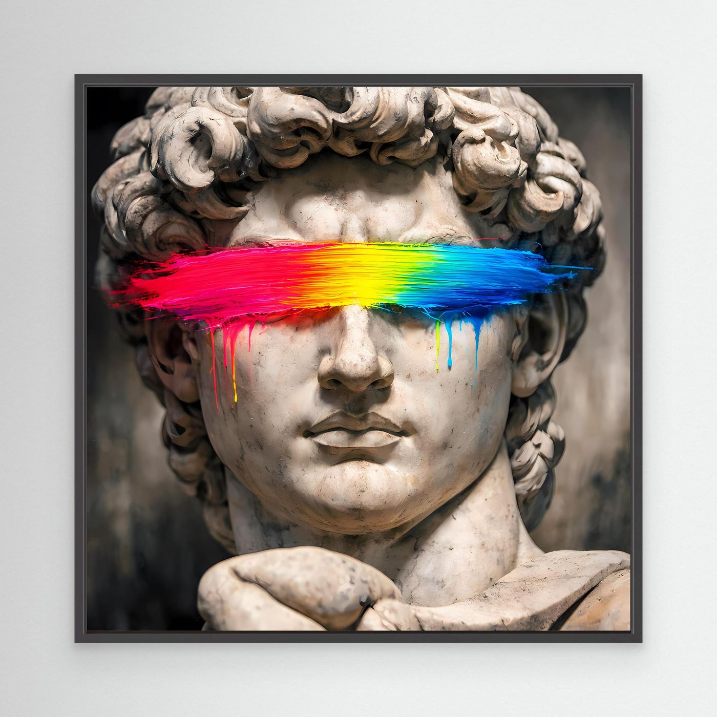 Leinwandbild mit David-Statue und Regenbogen-Farbbalken, schwarzer Rahmen