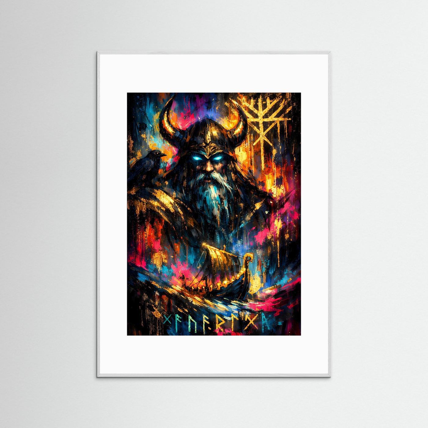 Wikinger-Odin-Poster im Hochformat mit weißem Holzrahmen und buntem Nordkunstmotiv