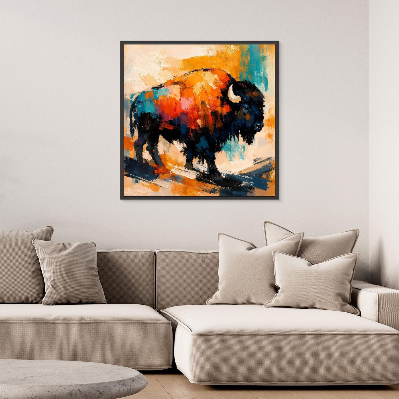 Abstract bison wall art with orange, teal, and black brushwork and black frame
