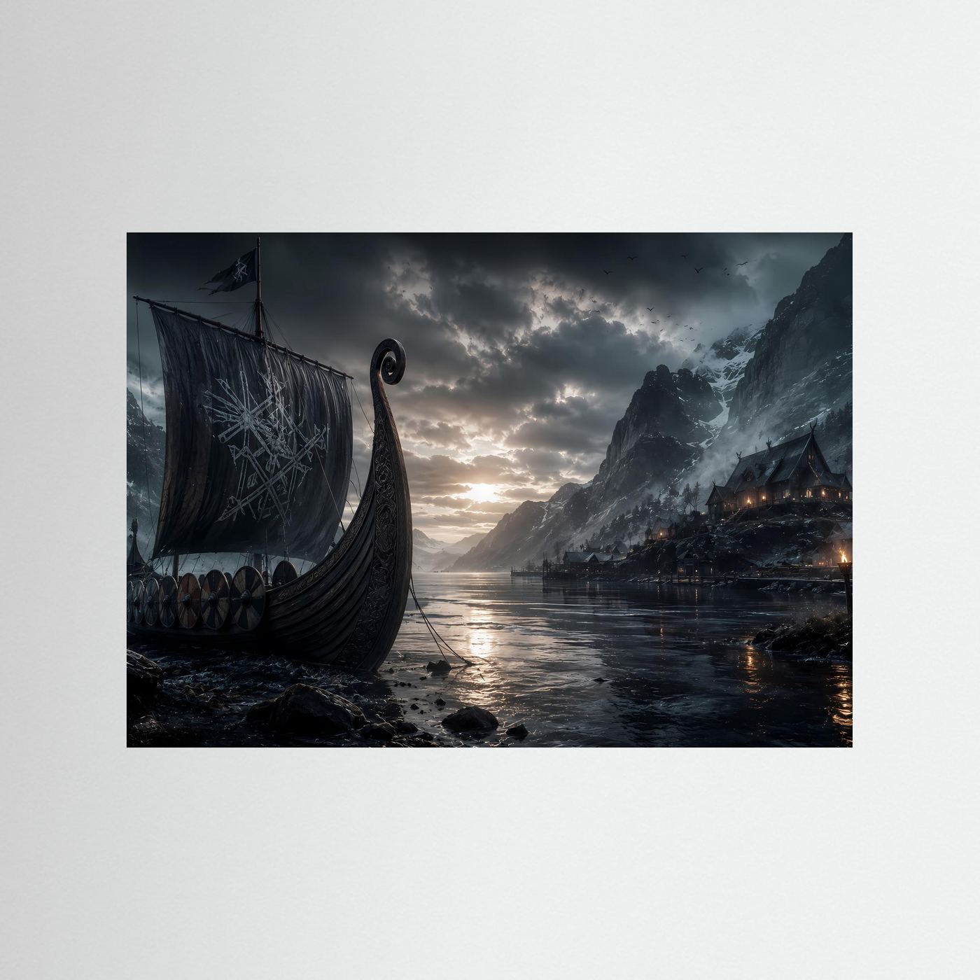 Wikinger im Fjord | Mystisches Langschiff zwischen Bergen – Nordische Wandkunst