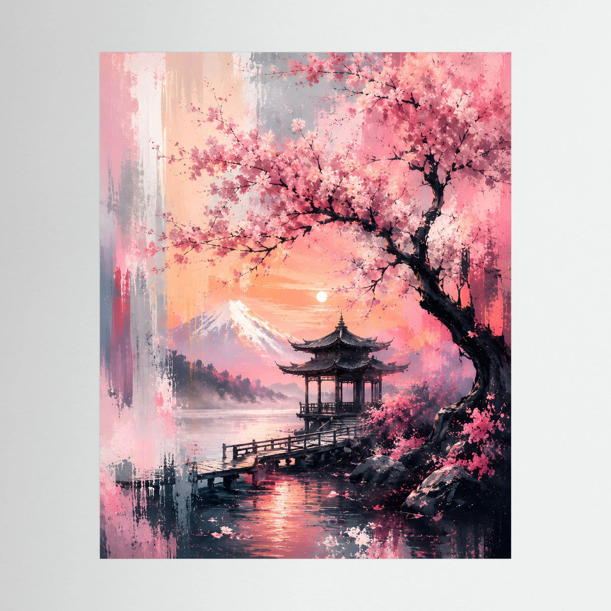 Japanisches Kirschblüten-Landschaftsposter mit Pagode am See