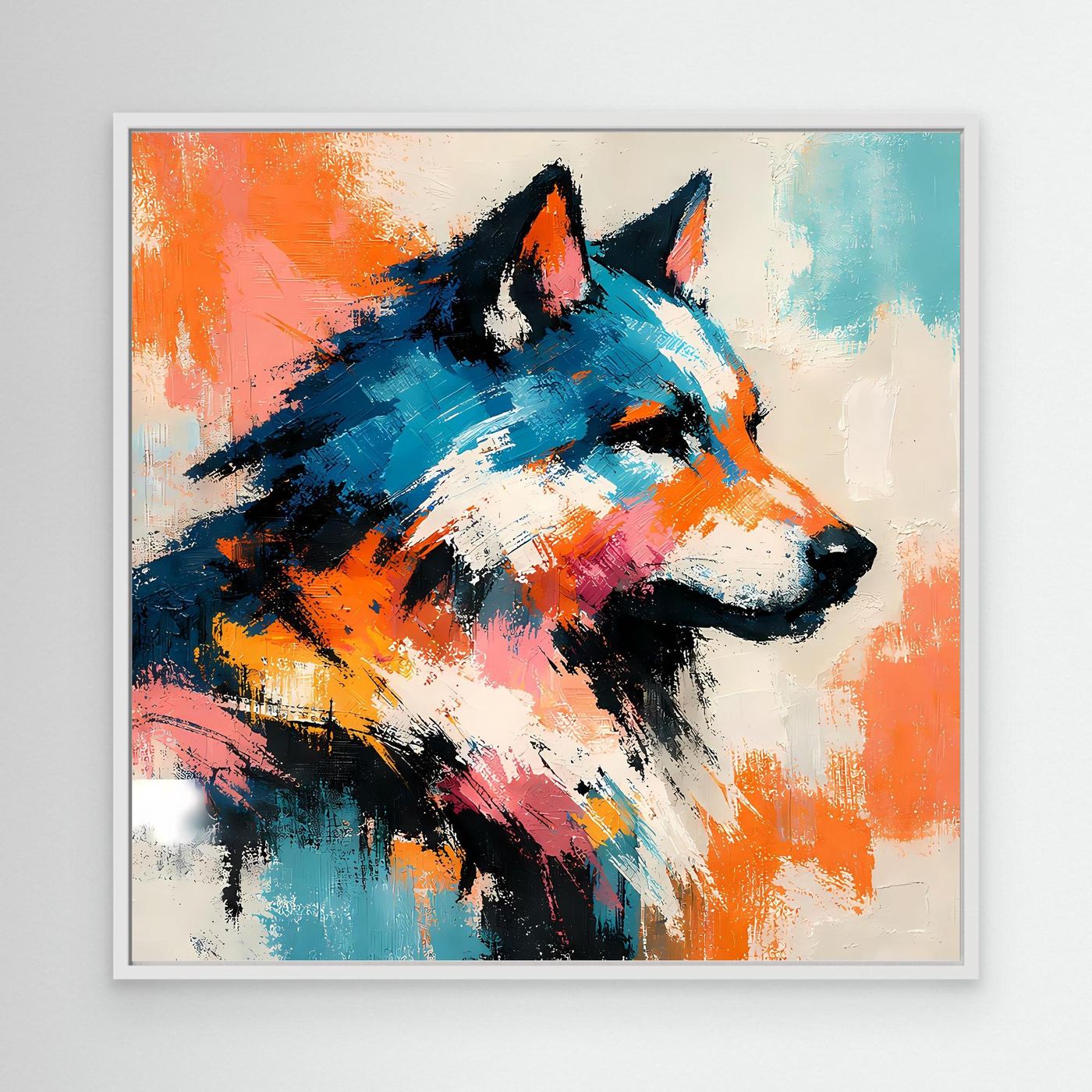 Leinwand-Wandbild mit abstraktem Wolf in Pop-Art, orange-blau, weißer Rahmen