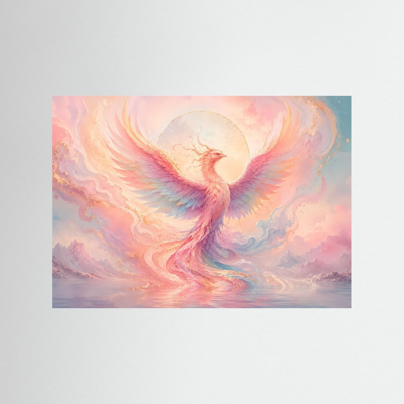 Phönix Poster Pastell | Mystischer Feuervogel Wandkunst | Abstrakte Fantasy Kunst | Elegantes Wandbild in Rosa & Gold