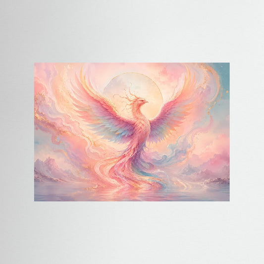 Poster-Wandkunst mit Phönix in Pastellfarben, zartes Rosa und Blau, ohne Rahmen.