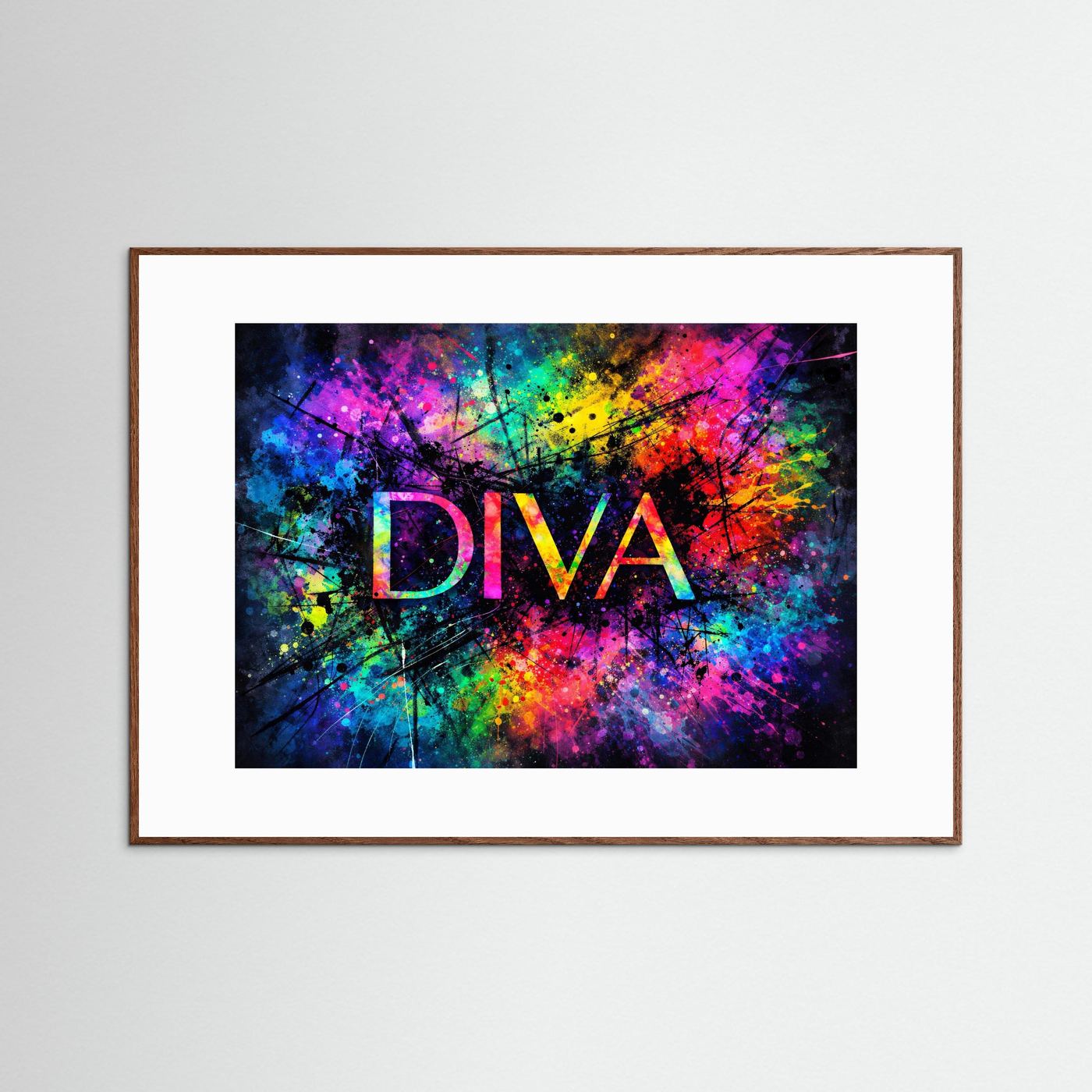 Gerahmtes Wandbild mit DIVA-Schriftzug im bunten Farbspritzer-Design, heller Holzrahmen