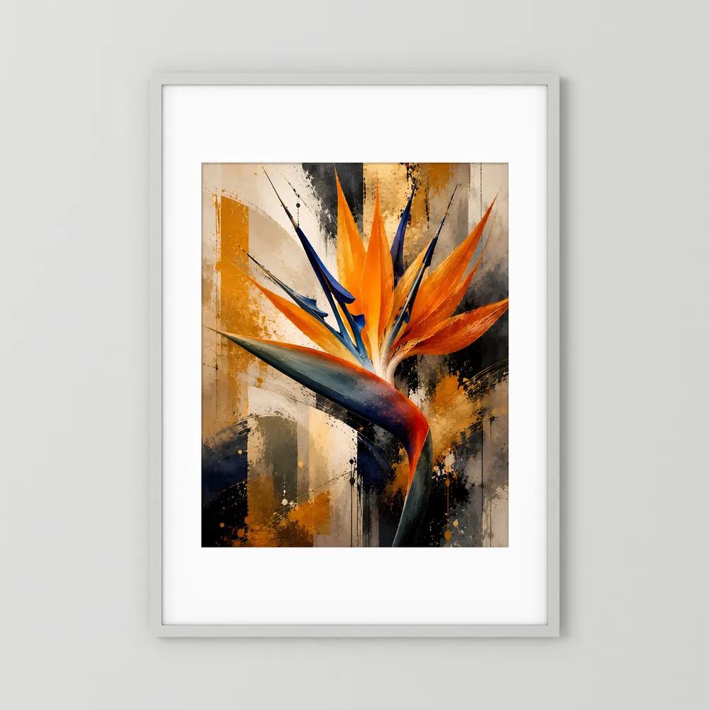 Abstraktes Poster im Hochformat mit weißem Rahmen und weißem Rand: orange-blaue Strelitzie