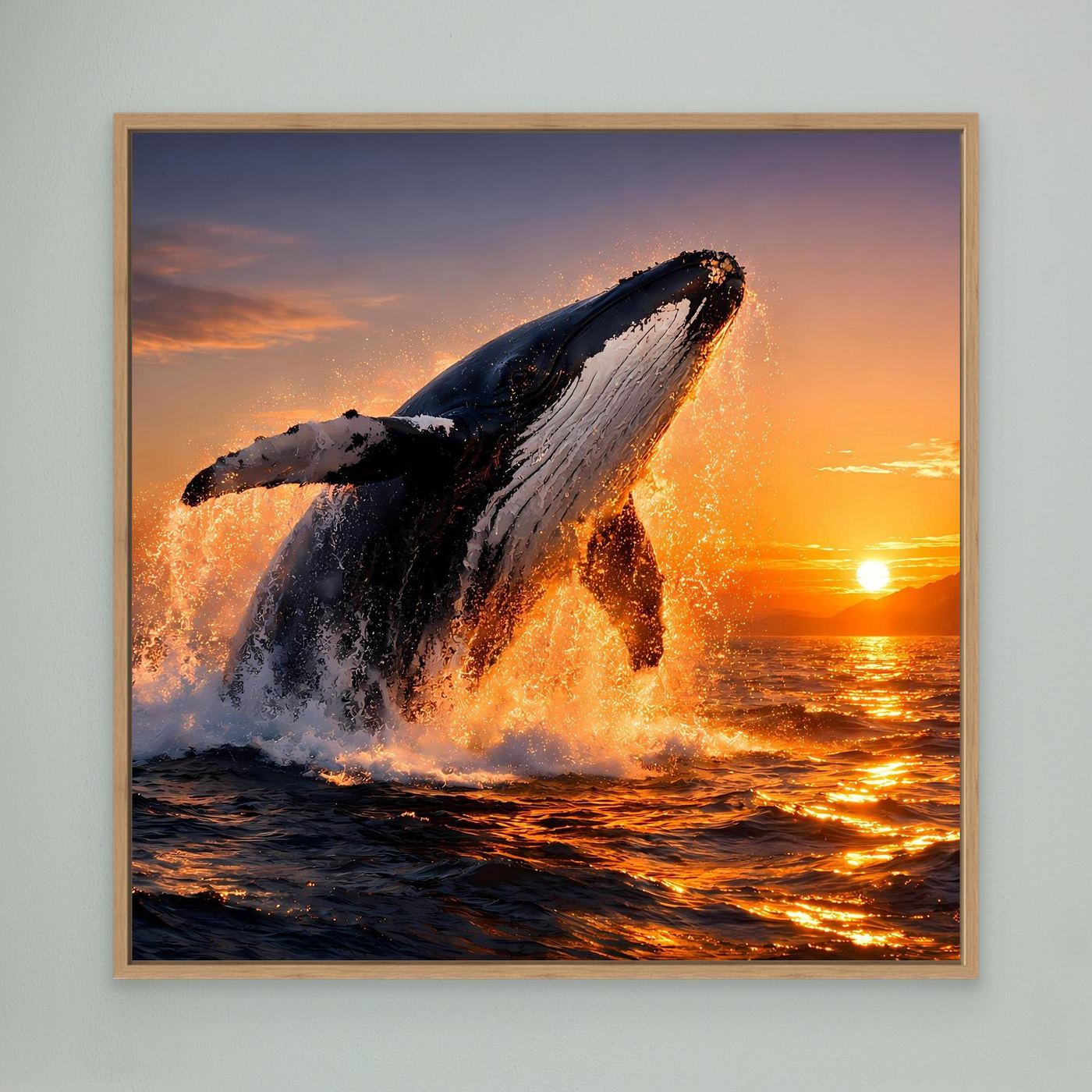 Leinwandbild mit springendem Buckelwal am Meer, im Eichenrahmen.