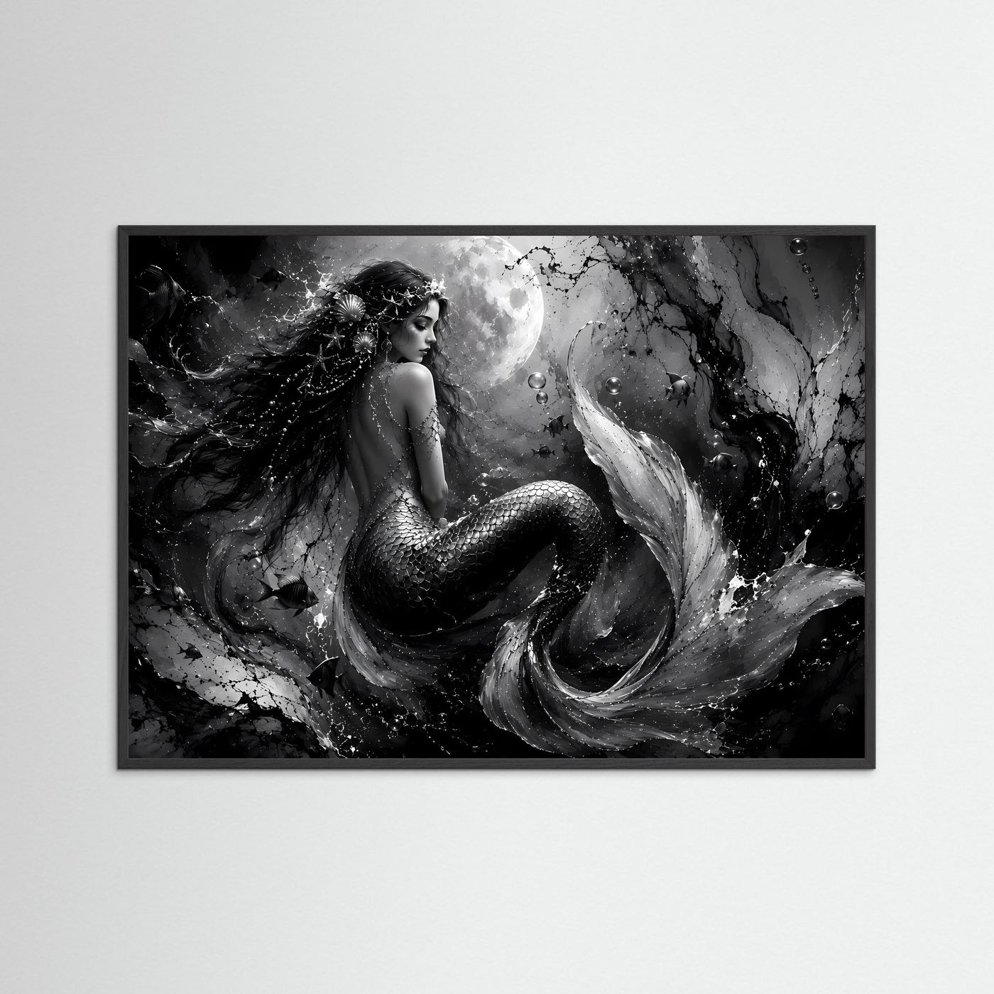 Mystische Meerjungfrau in Schwarz-Weiß | Elegantes Fantasy Poster Querformat