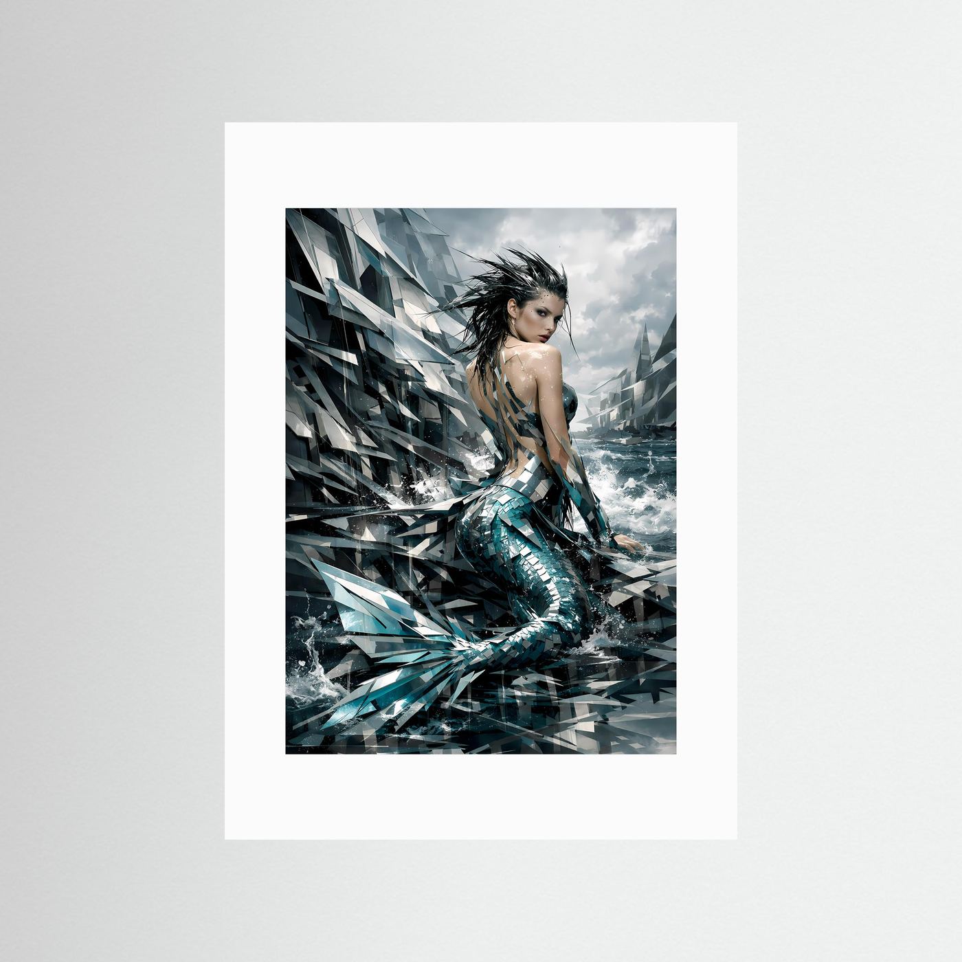 Meerjungfrau-Poster mit türkisfarbenem Schuppenmuster, weißes Passepartout, Hochformat.