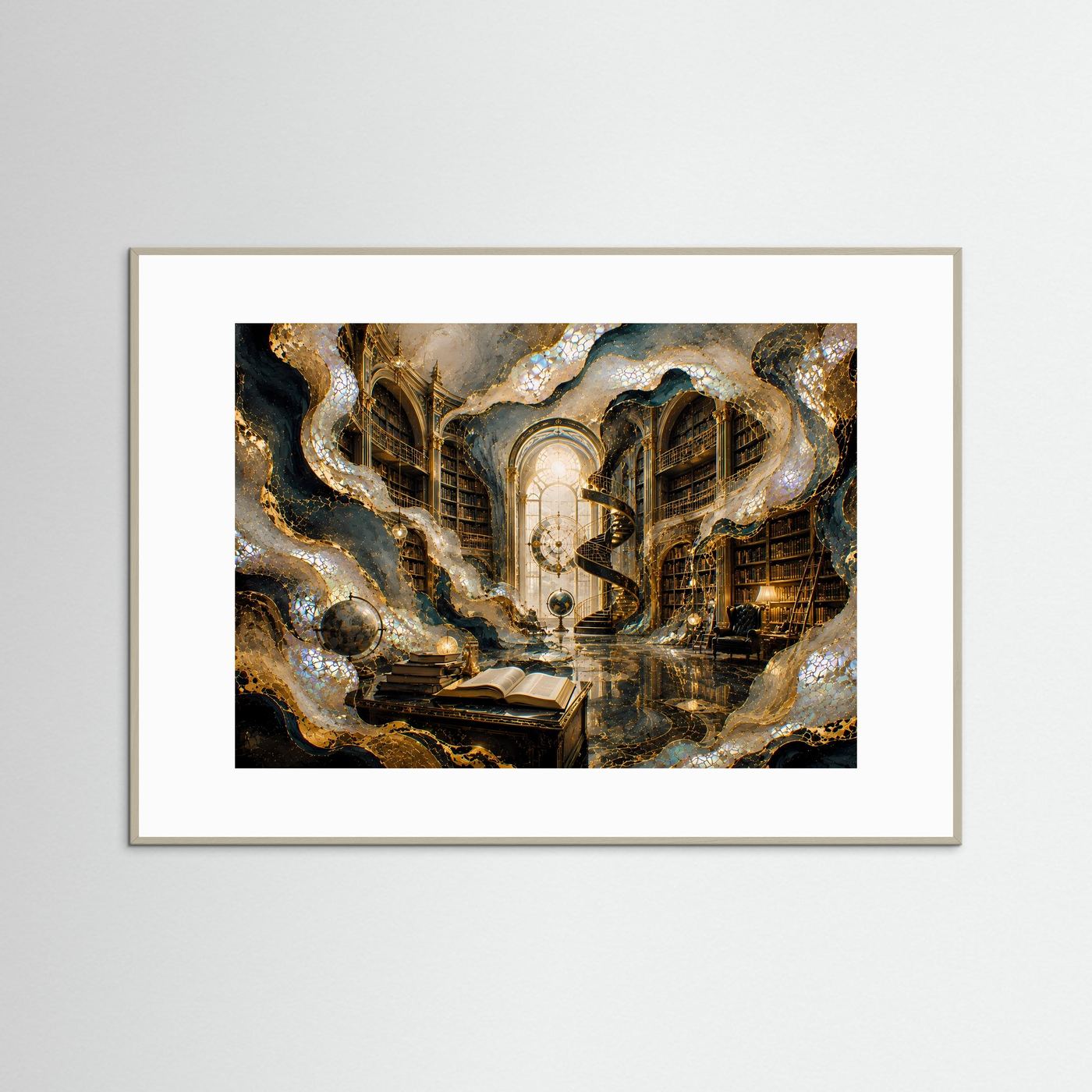 Querformat-Poster in hellem Rahmen, surrealer Bücherraum mit Gold- und türkisfarbenen Akzenten