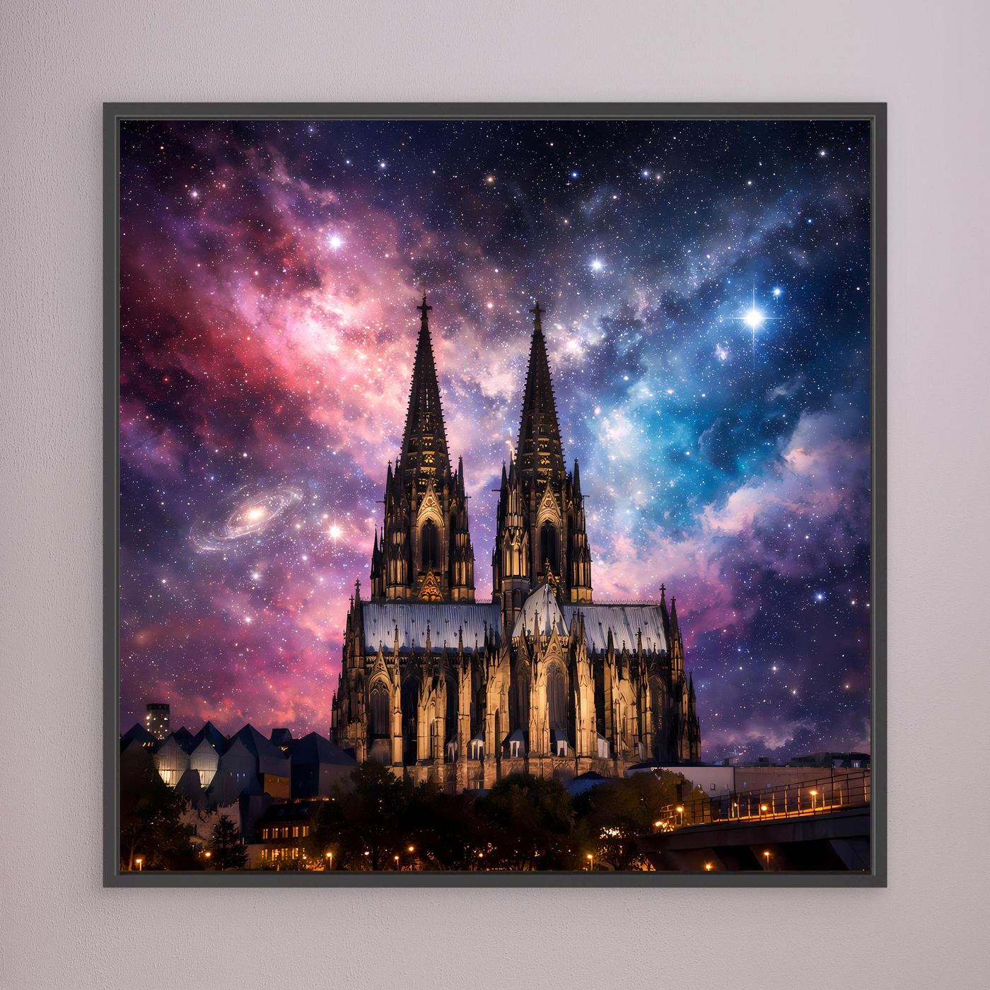 Leinwand Kosmischer Kölner Dom bei Nacht | Abstraktes Galaxie Wandbild