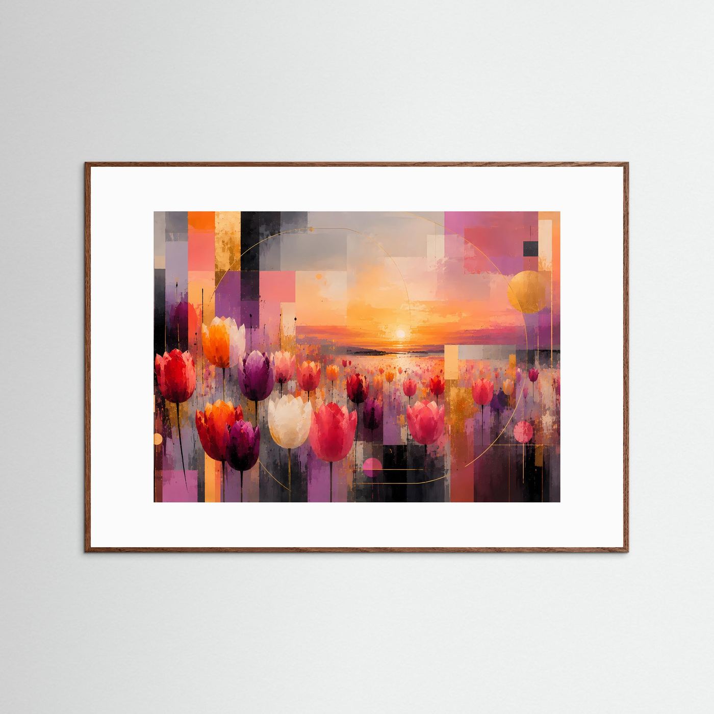 Querformat-Poster mit abstrakten Tulpen und Sonnenuntergang, brauner Holzrahmen