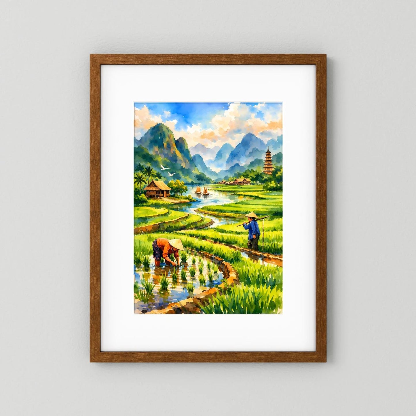 Hochformatiges Poster mit Reisfeldern, Pagode und Bauern am Bach, dunkler Holzrahmen