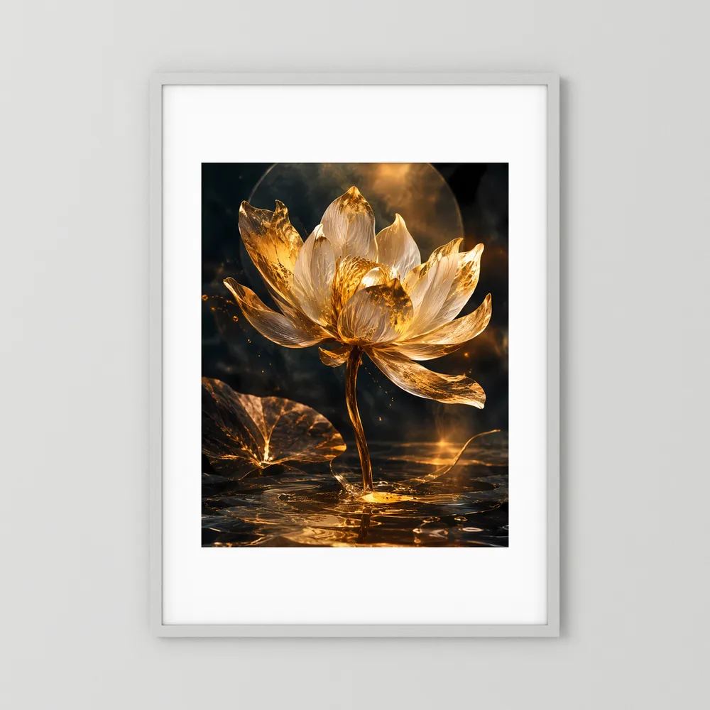 Gerahmtes Hochformat-Poster mit goldener Lotusblüte, weißer Rahmen und weißer Randumrandung.