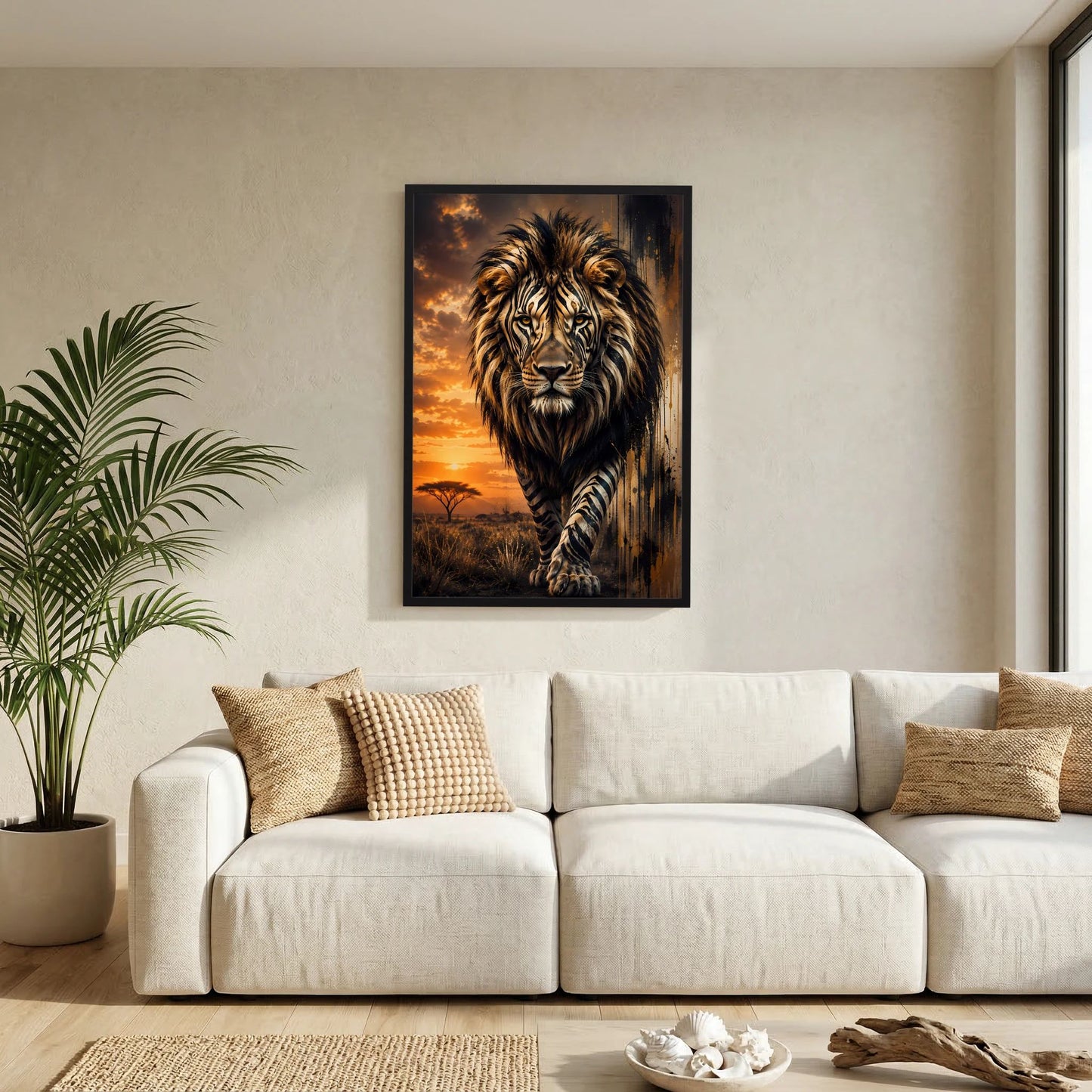 Löwenposter im Hochformat mit schwarzem Rahmen: Löwe mit Zebramuster