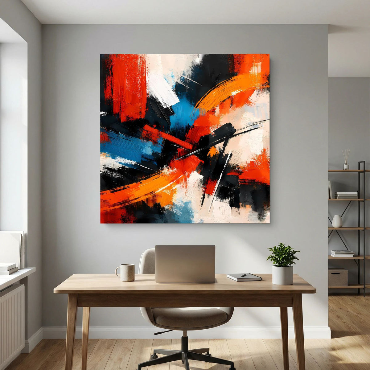 Quadratisches Leinwandbild mit dynamischem Farbauftrag: Rot, Orange, Blau, Schwarz auf Keilrahmen