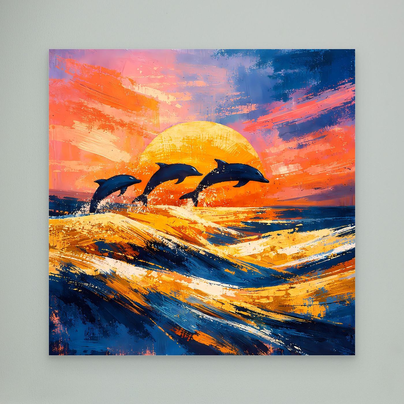 Leinwand Springende Delphine im Sonnenuntergang | Abstraktes Ozean & Meer Wandbild