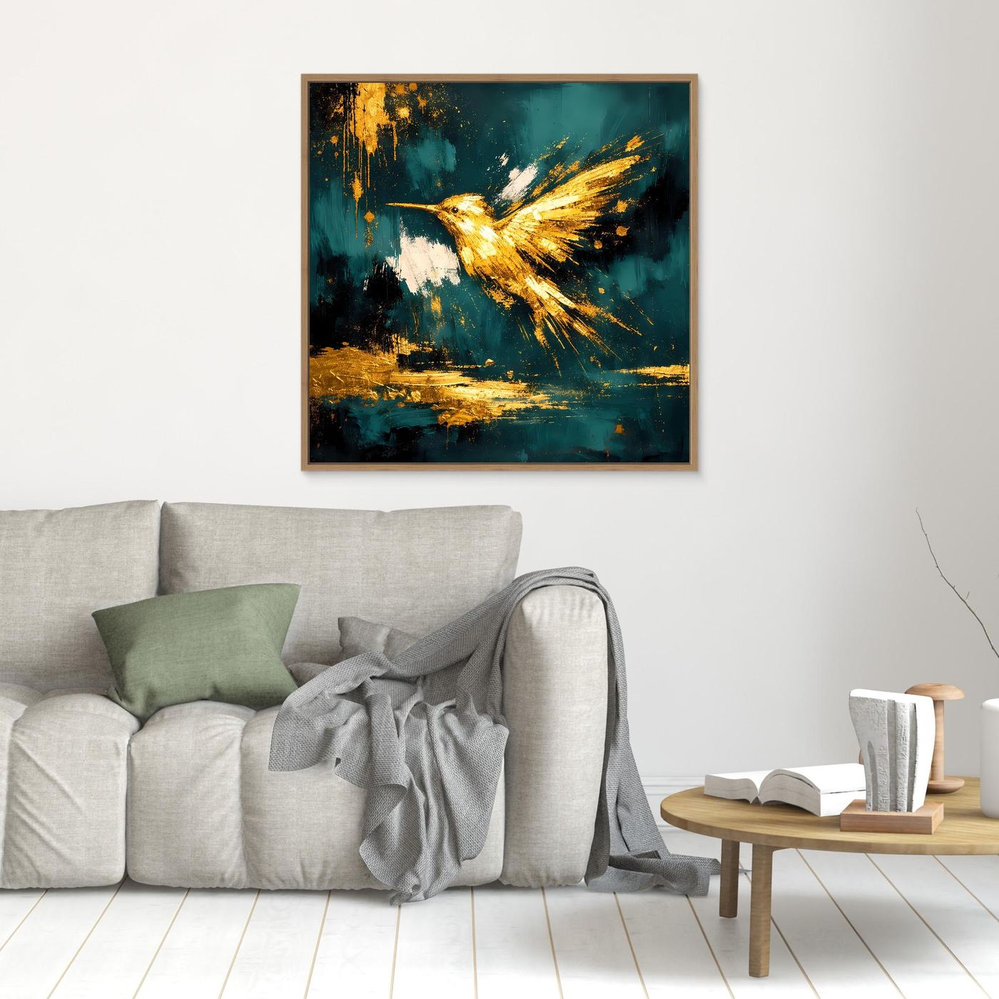 Leinwand Goldener Kolibri im Flug | Abstraktes Modernes Vogel Wandbild Kunst