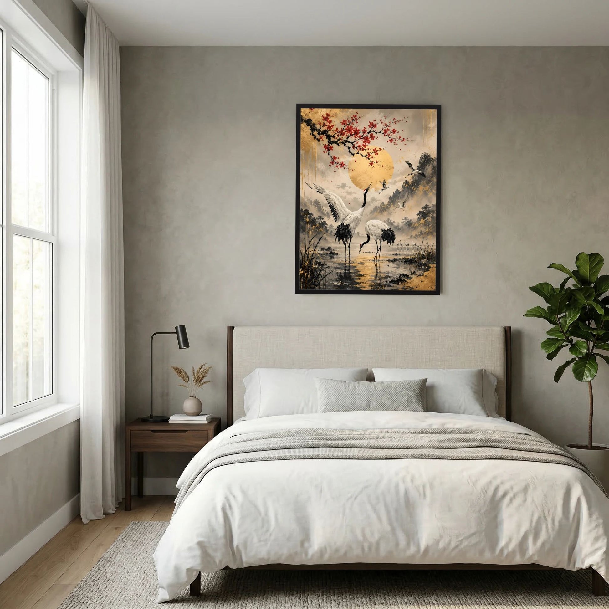 Gerahmtes Poster im Hochformat: Kraniche zwischen Bergen, mit roten Blüten und gelber Sonne
