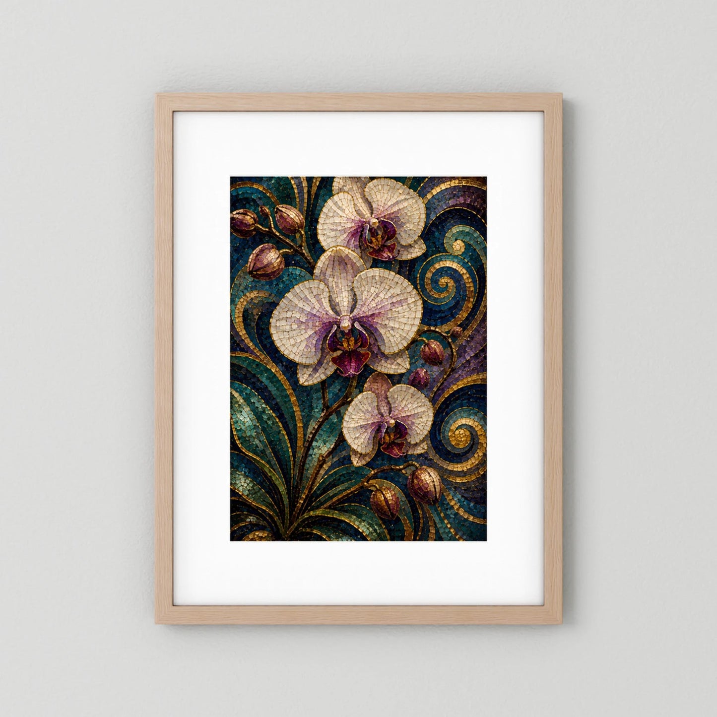 Orchideen-Poster mit hellem Holzrahmen, Mosaikstil mit weißen Blüten, türkis-goldene Spiralen