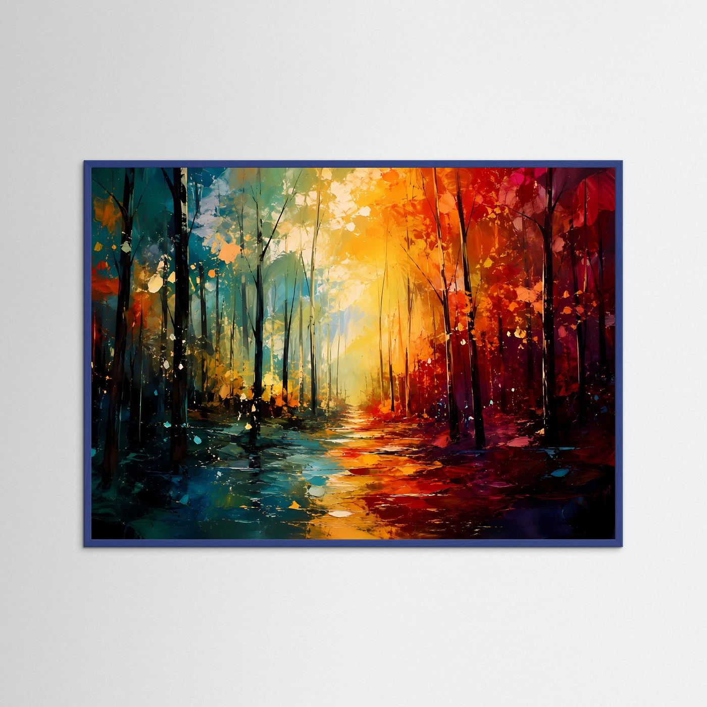 Abstrakter Wald in leuchtenden Farben | Moderne Naturkunst in Petrol, Orange & Rot