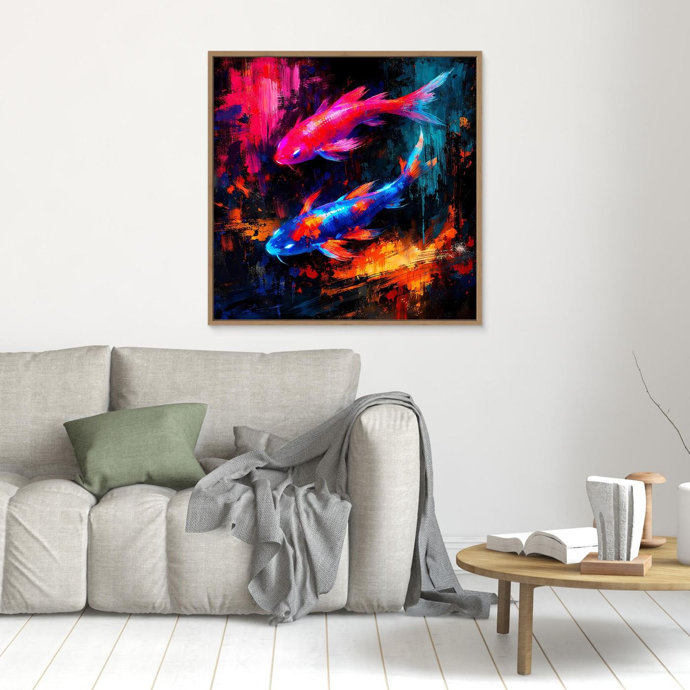 Leinwandbild mit leuchtenden Koi-Fischen in Pink-Blau, gerahmt in hellem Holz