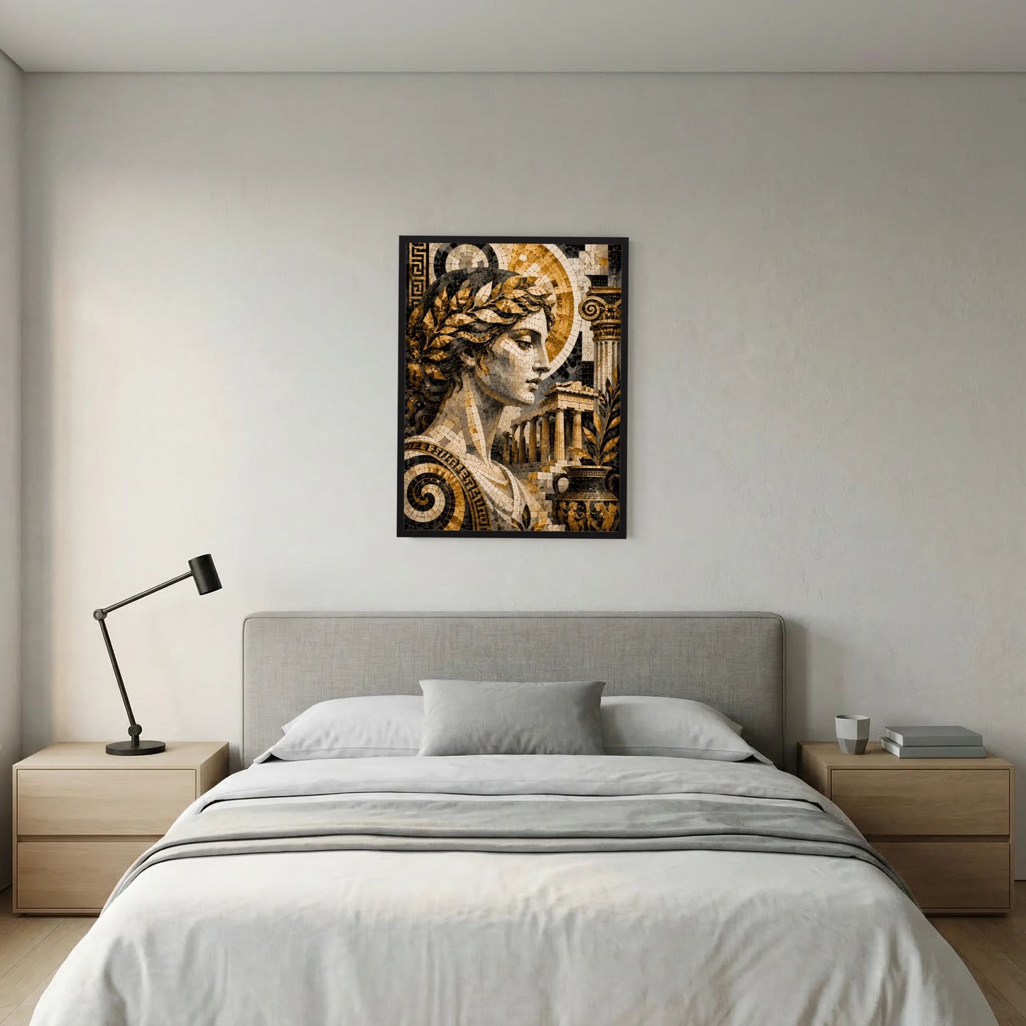 Poster mit antiker Mosaik-Göttin in Gold und Schwarz, quadratischer Rahmen