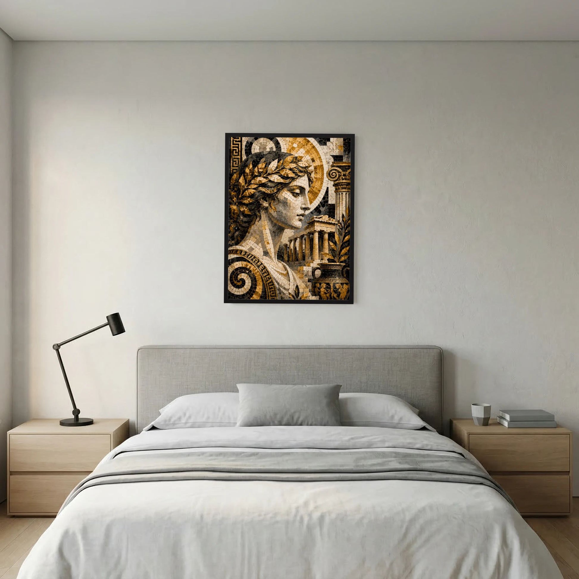 Poster mit antiker Mosaik-Göttin in Gold und Schwarz, quadratischer Rahmen