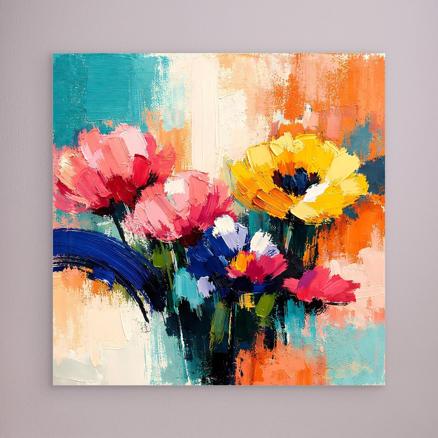 Unrahmtes Leinwandbild mit abstrakten Sommerblumen in Pink, Gelb, Blau und Türkis
