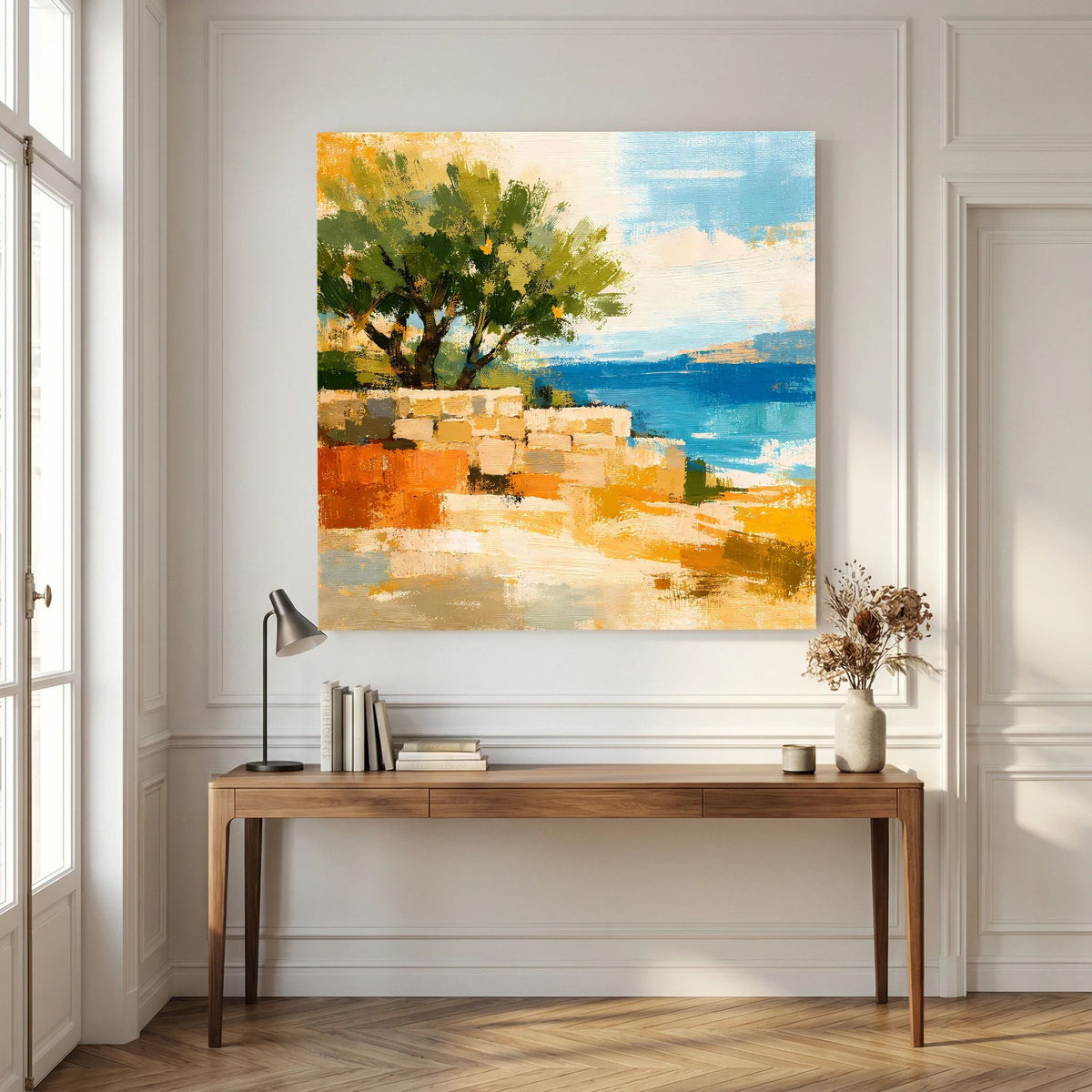 Abstraktes Leinwandbild mit Olivenbaum, Steinmauer und blauem Meerhorizont