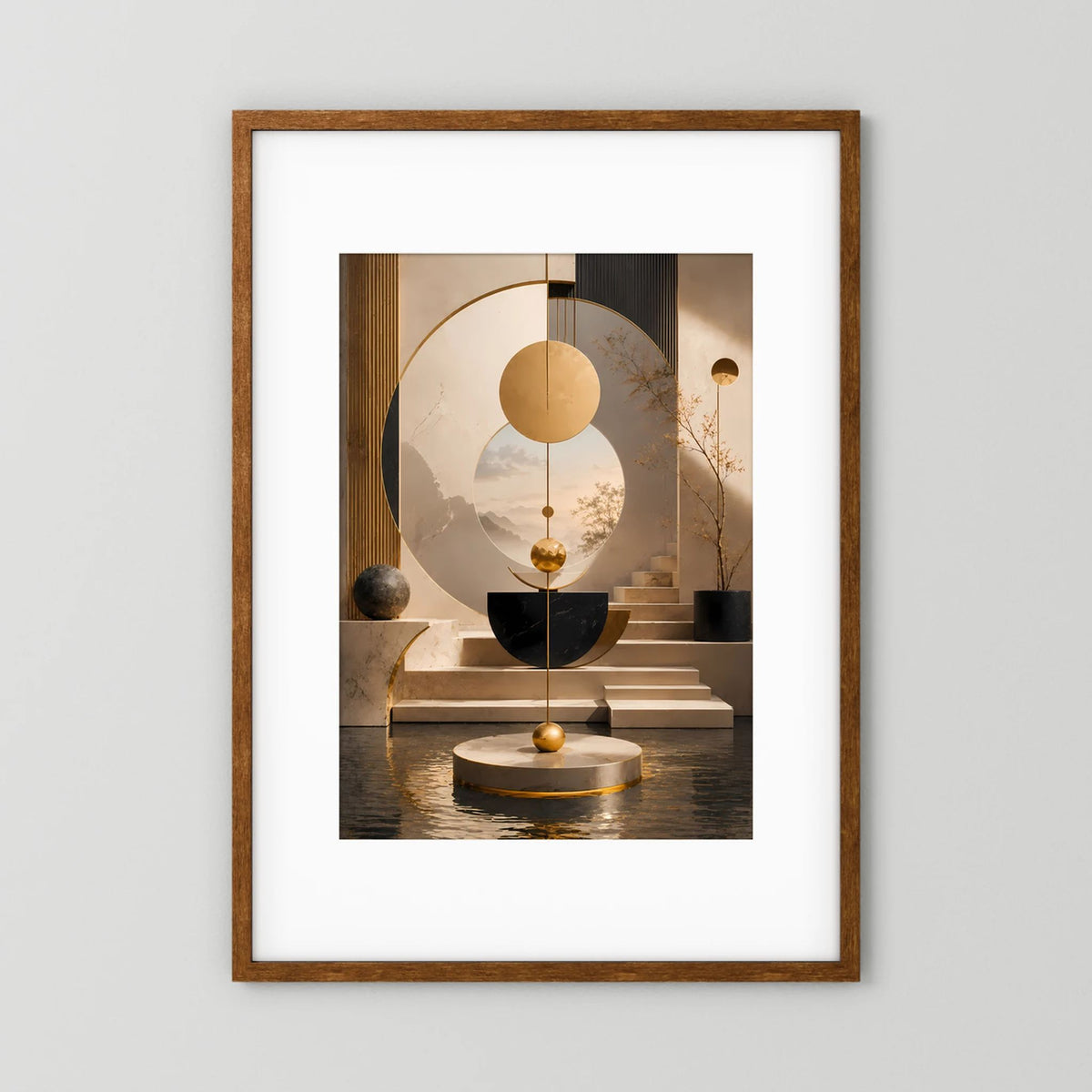 Hochformatiges Poster mit abstrakter Geometrie in Creme, Schwarz & Gold, brauner Holzrahmen