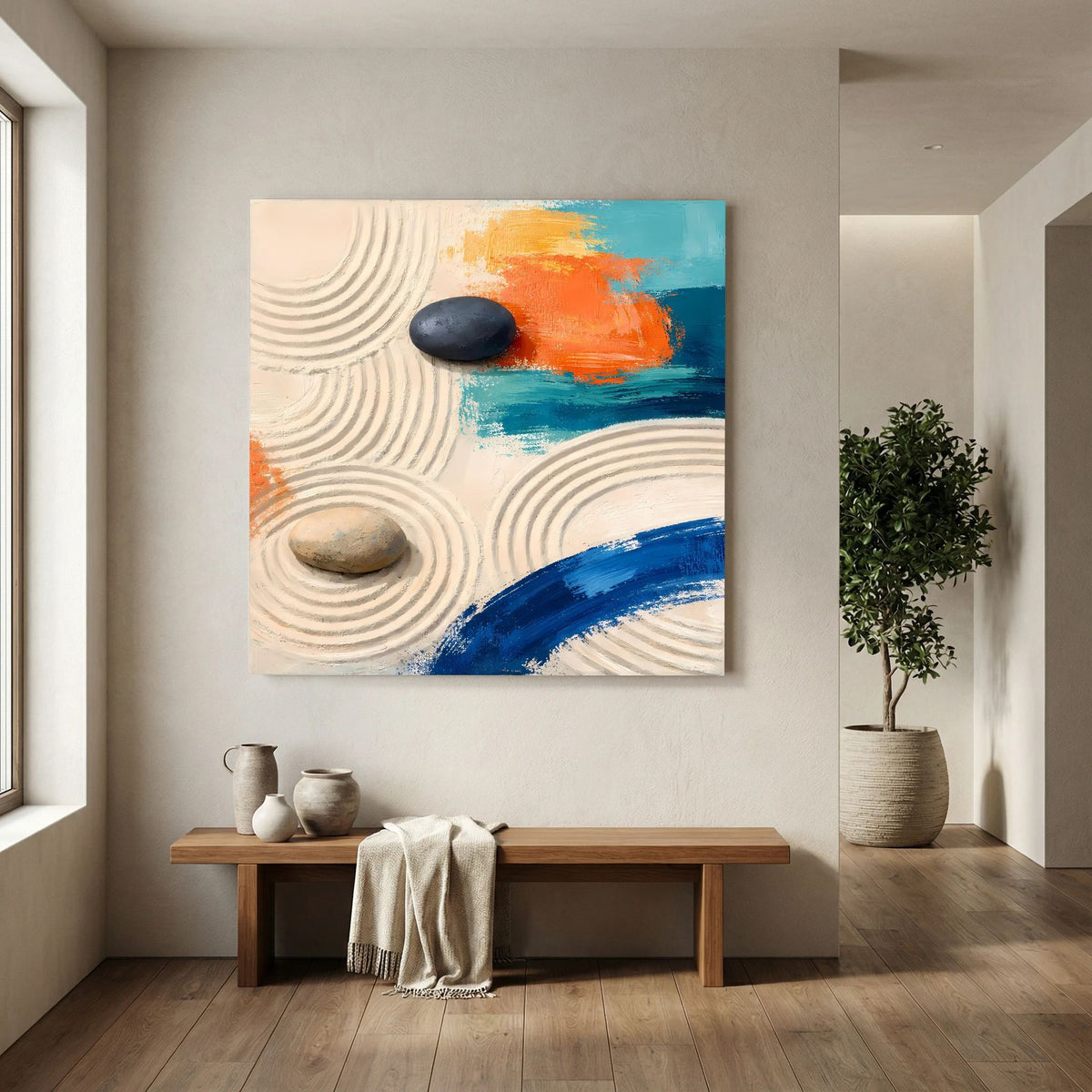 Zen-Leinwandbild: beige Reliefwellen, schwarzer Stein, zwei Farbfelder in Orange und Blau