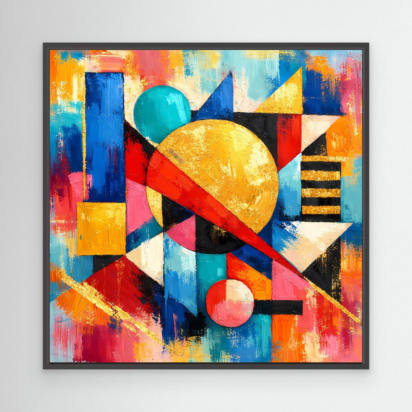 Leinwandbild mit schwarzem Rahmen und abstrakten geometrischen Formen, bunte Kreise und Streifen