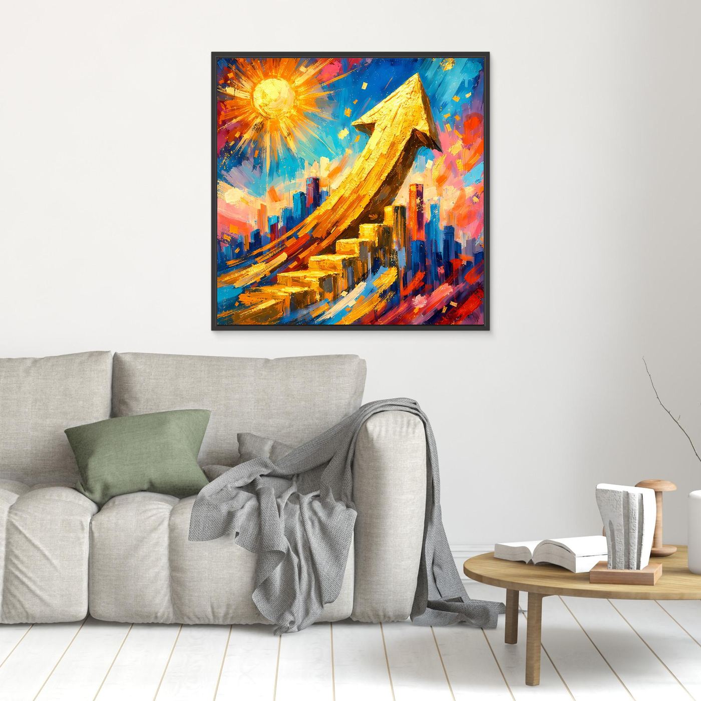 Wandbild mit goldener Pfeil-Skyline, gelber Sonnenstrahlung und bunten Details
