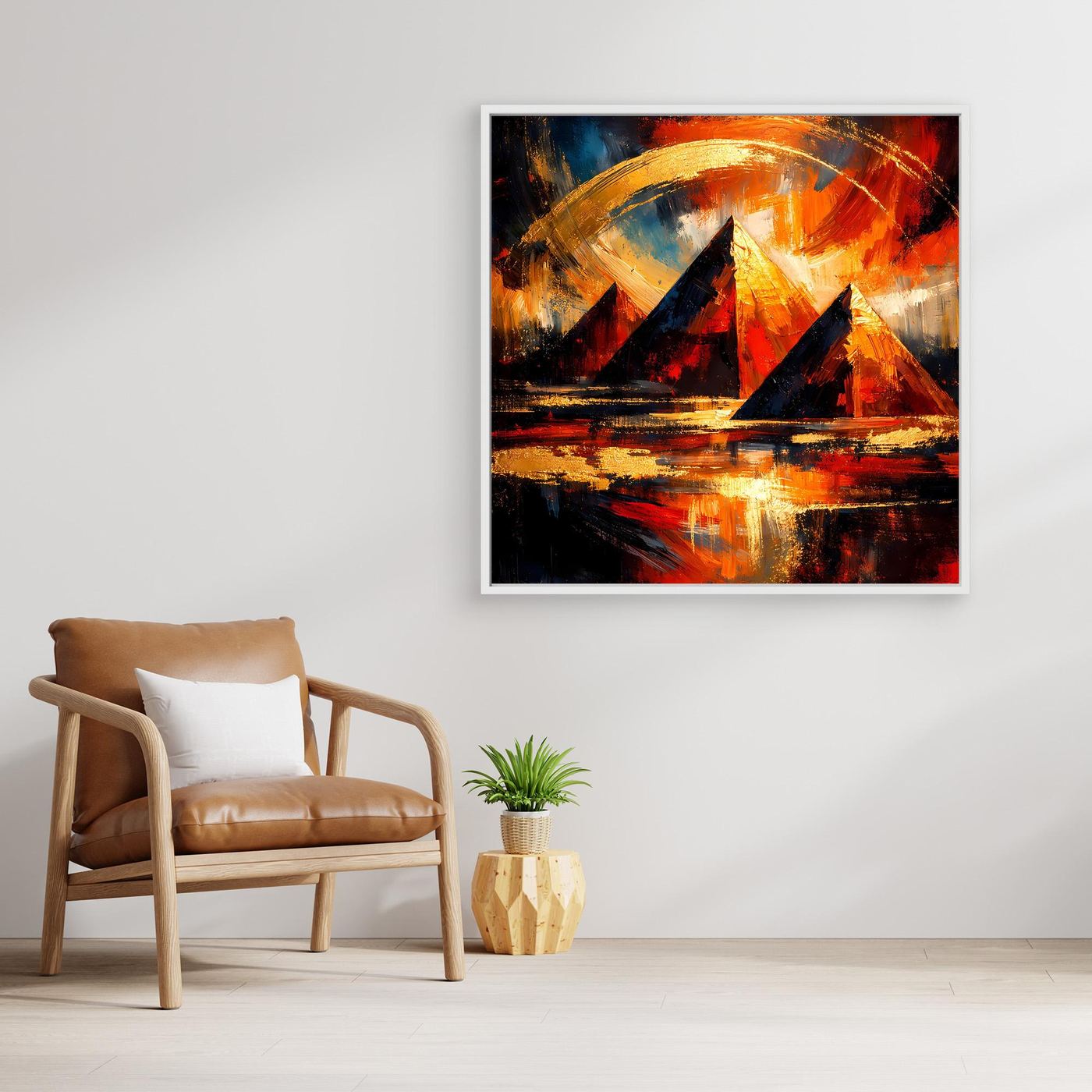 Leinwandbild mit abstrakten Pyramiden in Gold, Rot und Blau, rechteckiger Rahmen
