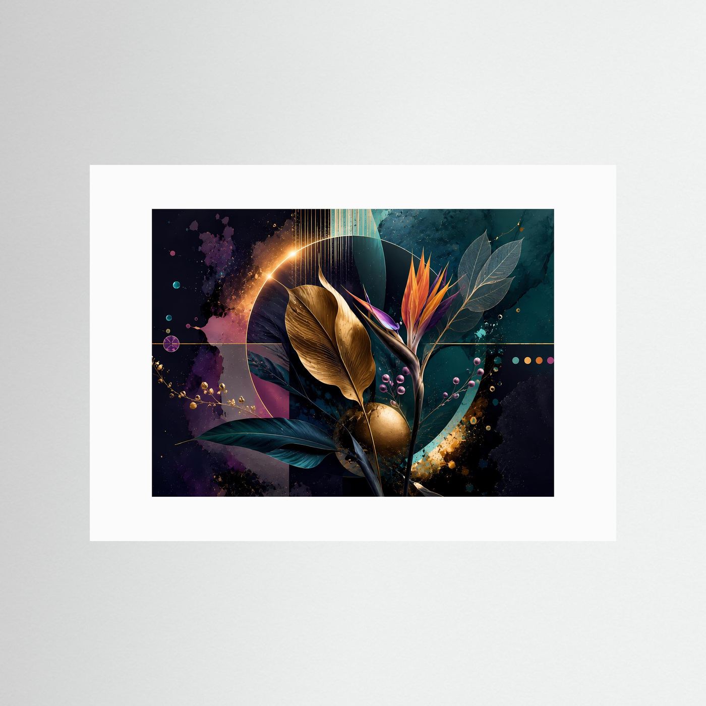 Goldene Strelitzie | Abstrakte Botanische Kunst in Petrol, Gold & Violett – Elegante Wandkunst
